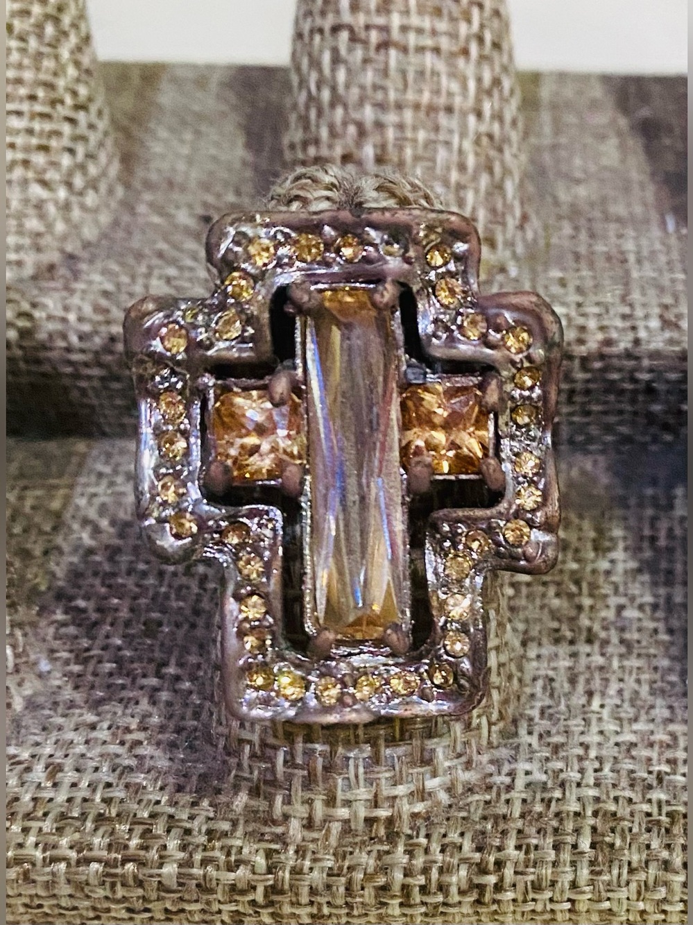Topaz Rhinestone Cross Statement Ring – Size 7